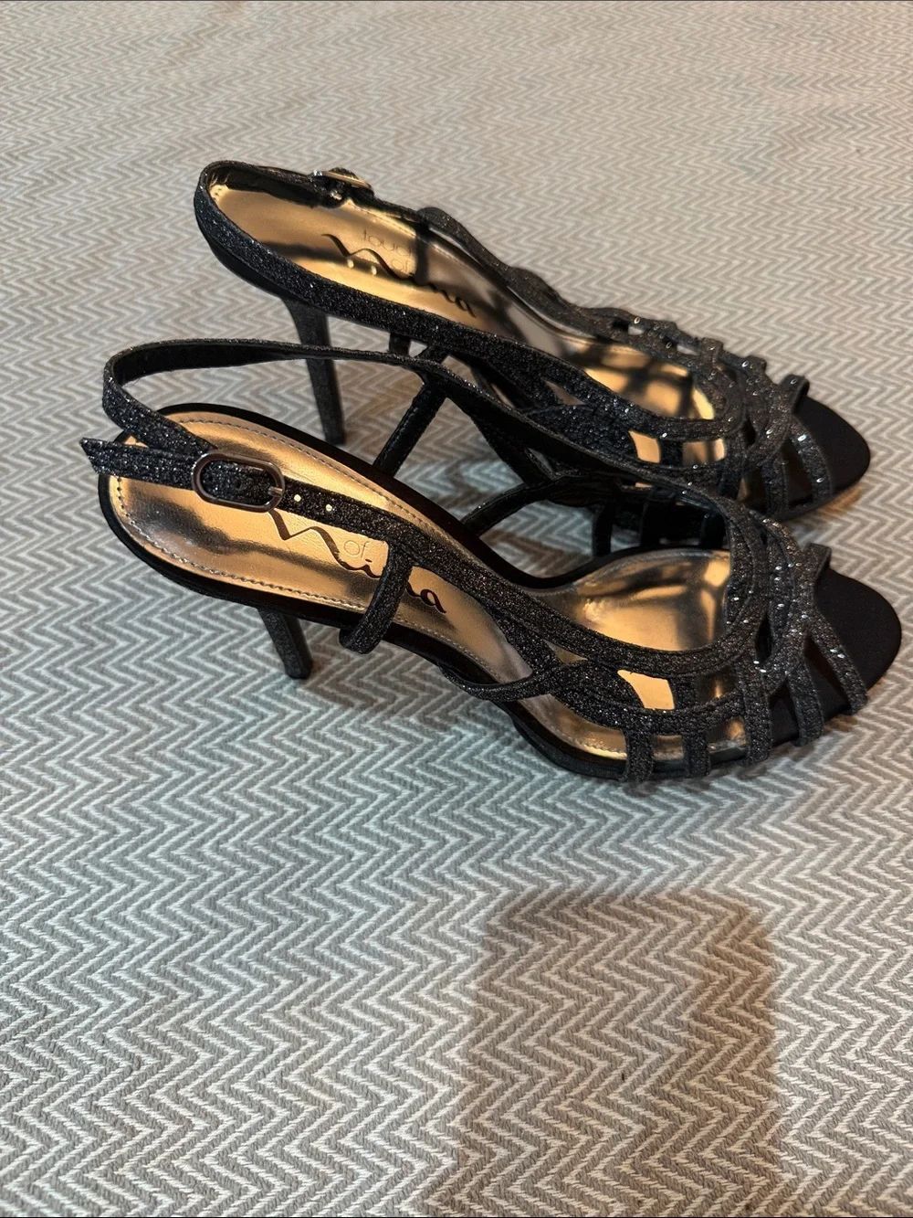 Touch Of Nina Women's Black Glitter Strappy Slingback Heels Size 8 1/2